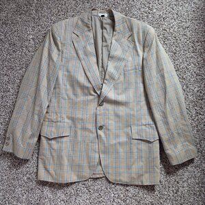 Vintage Blazer Mens 42R Tan Blue Plaid Jacket Sport Coat Unlined Hong Kong 1970s